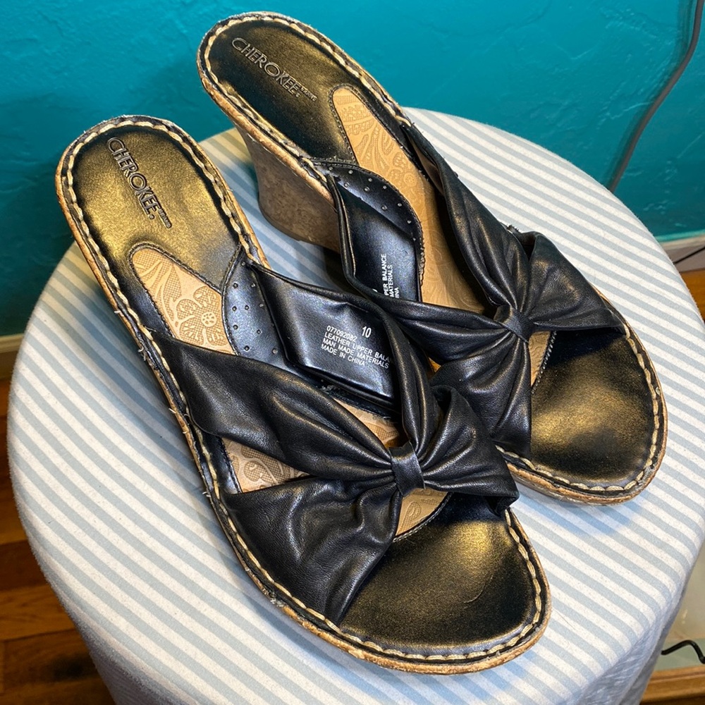 Black wedge heel faux leather dress shoe sandals